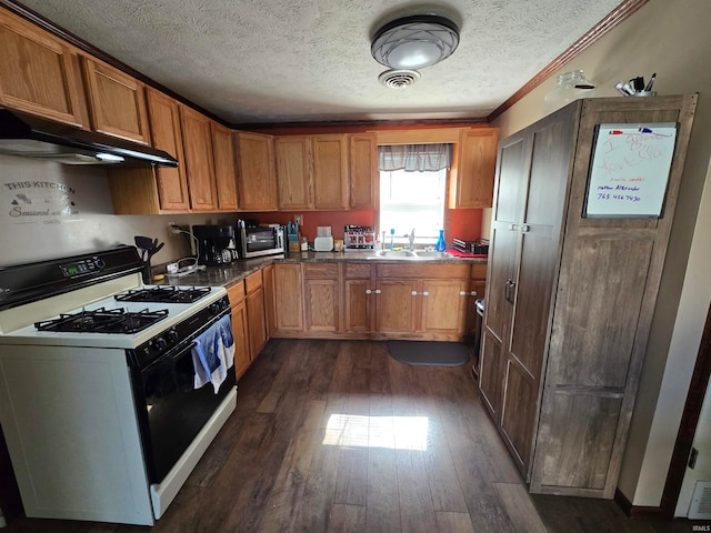 kitchen with white gas range oven, ventilation hood, crown molding, dark hardwood / wood-style floors, and a textured ceiling