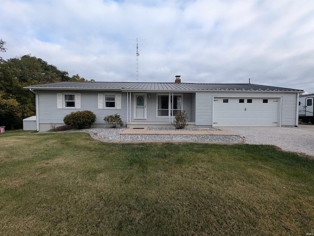 single story home featuring a front yard, a garage, and a porch