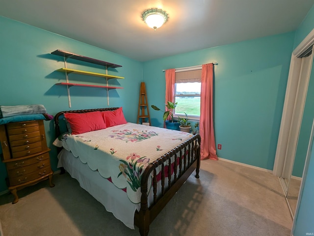 carpeted bedroom with a water view