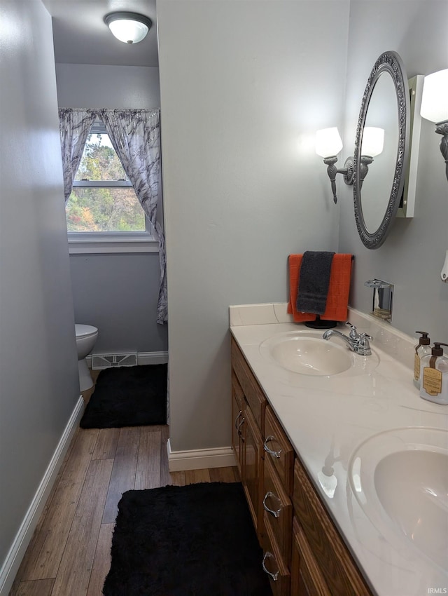 bathroom with vanity, toilet, and hardwood / wood-style flooring