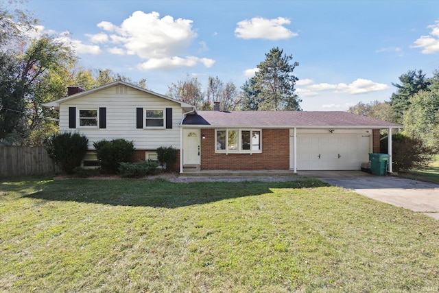 tri-level home with a front lawn and a garage