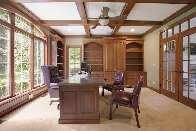 office with coffered ceiling, light colored carpet, french doors, and ceiling fan