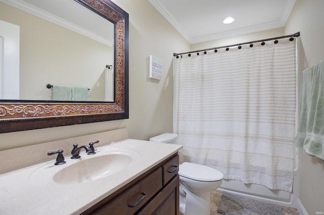 full bathroom featuring shower / bath combo, crown molding, toilet, and vanity