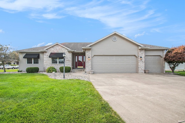 ranch-style home featuring a garage and a front lawn