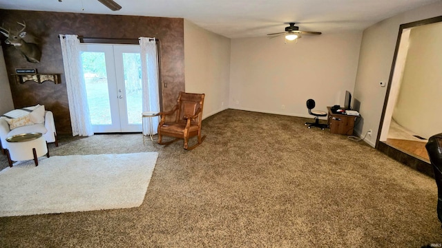 interior space with ceiling fan, french doors, and carpet flooring