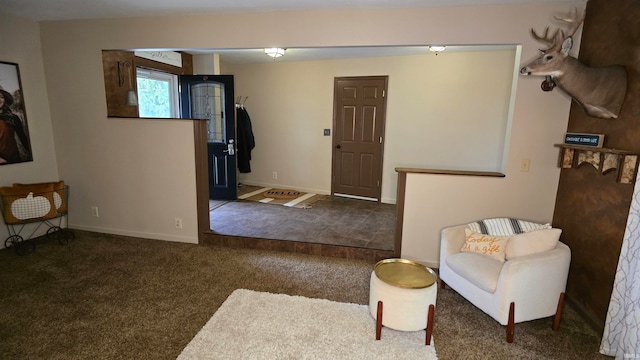 foyer entrance featuring dark colored carpet