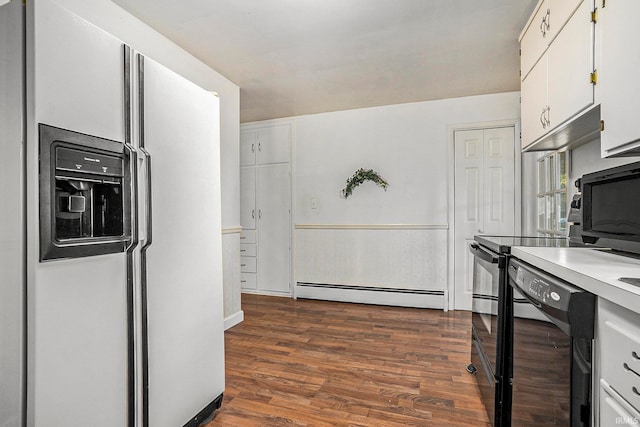 kitchen with dishwasher, a baseboard heating unit, white refrigerator with ice dispenser, white cabinetry, and dark hardwood / wood-style flooring