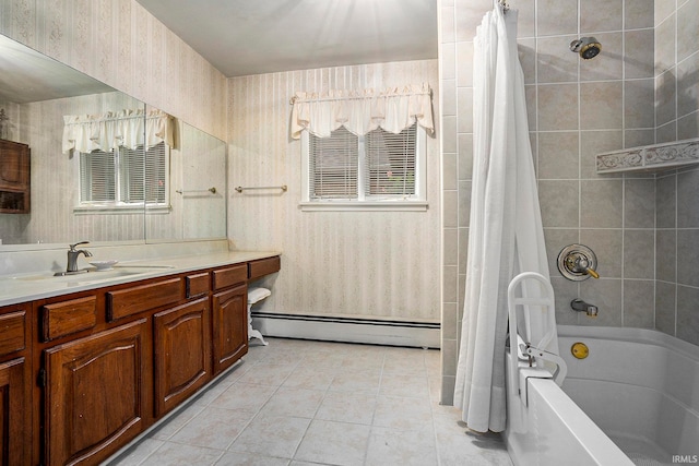 bathroom featuring vanity, baseboard heating, tile patterned floors, and shower / tub combo