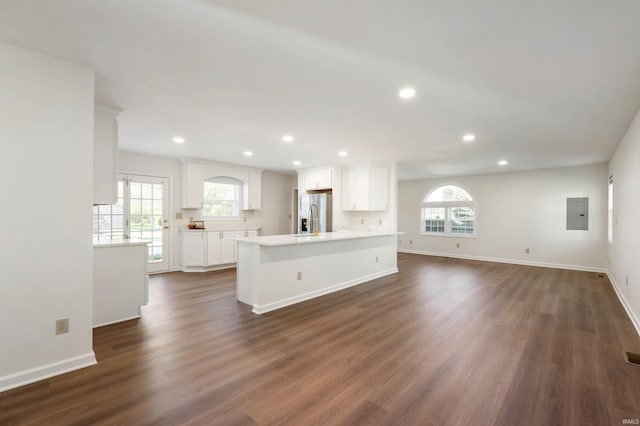 unfurnished living room featuring electric panel, plenty of natural light, and dark wood-type flooring