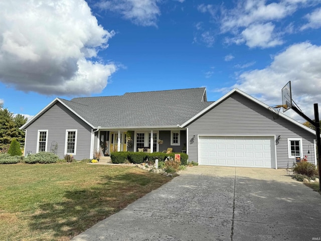 single story home featuring a front yard and a garage