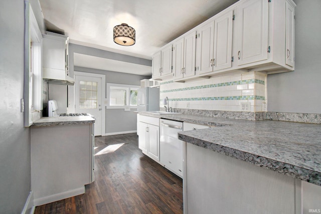 kitchen with white cabinets, dishwasher, and dark wood-type flooring