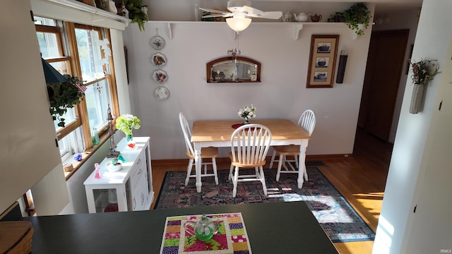 dining space featuring ceiling fan and dark hardwood / wood-style flooring