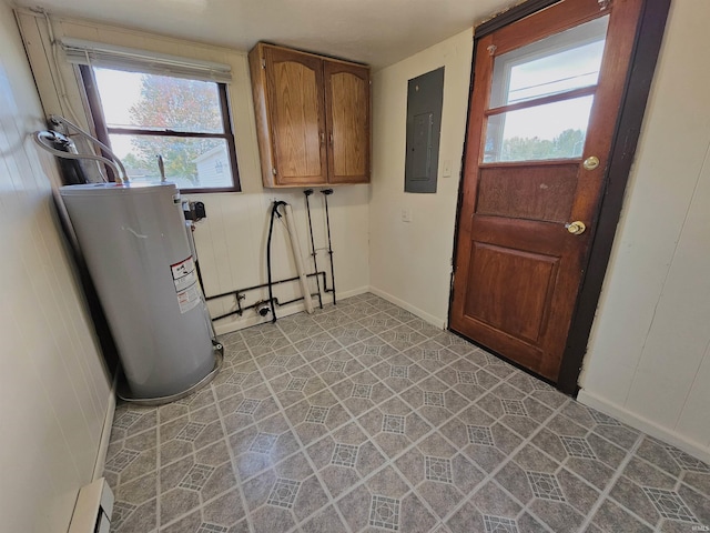 laundry room featuring cabinets, electric panel, baseboard heating, and water heater