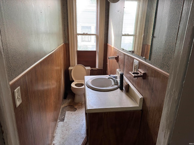 bathroom featuring wood walls, vanity, and toilet