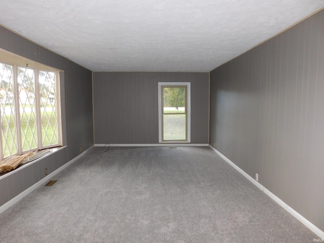 empty room with carpet floors and a textured ceiling