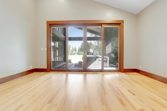 doorway with lofted ceiling, plenty of natural light, and wood-type flooring