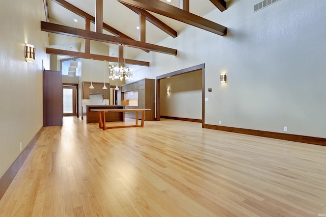 unfurnished living room featuring light wood-type flooring, high vaulted ceiling, a chandelier, and beamed ceiling