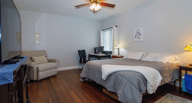 bedroom with dark wood-type flooring and ceiling fan