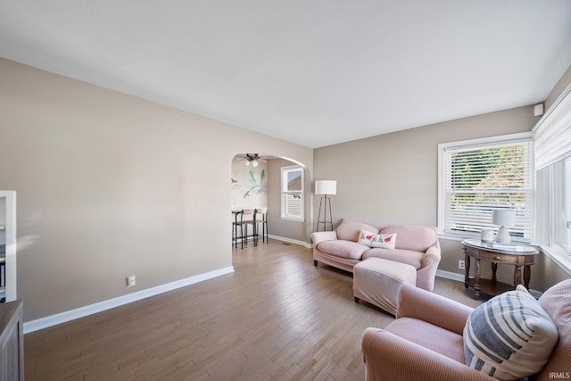 living room featuring hardwood / wood-style floors and ceiling fan