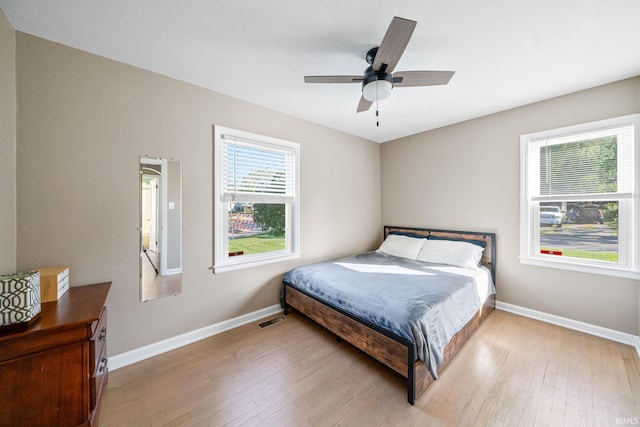 bedroom featuring ceiling fan and light hardwood / wood-style flooring