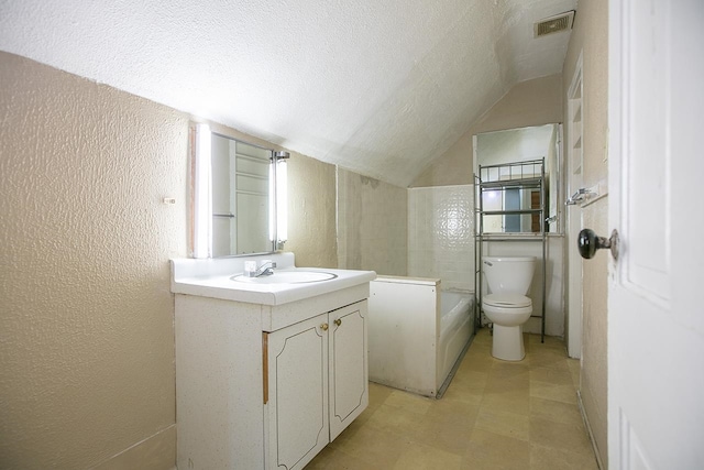 full bathroom with vanity, toilet, shower / bath combination, a textured ceiling, and vaulted ceiling