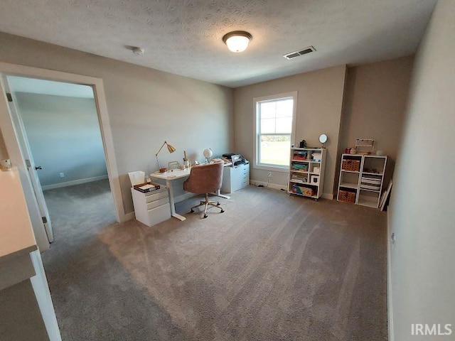 office space featuring a textured ceiling and carpet flooring