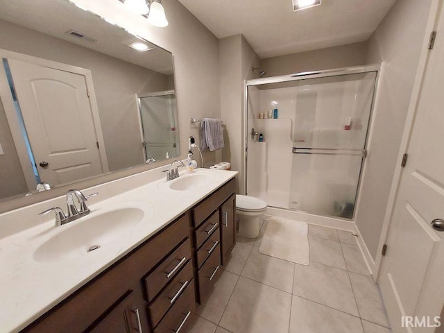 bathroom with tile patterned flooring, an enclosed shower, vanity, and toilet