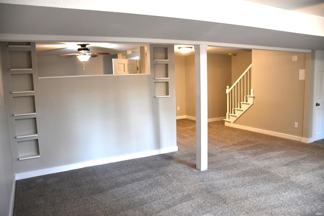 unfurnished living room featuring carpet floors and ceiling fan