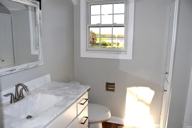 bathroom with vanity, toilet, and hardwood / wood-style flooring