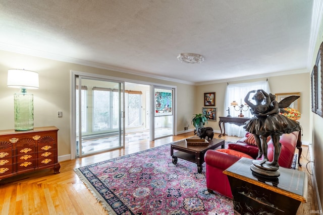 living room featuring a textured ceiling, ornamental molding, and light hardwood / wood-style flooring