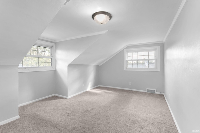 additional living space with vaulted ceiling and carpet floors