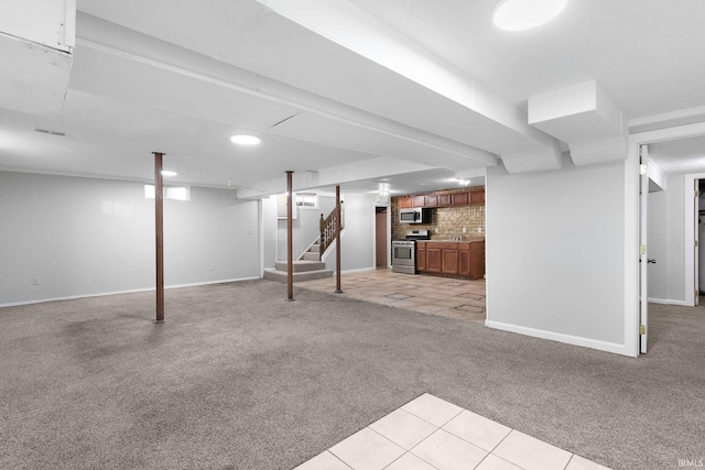 basement with light colored carpet