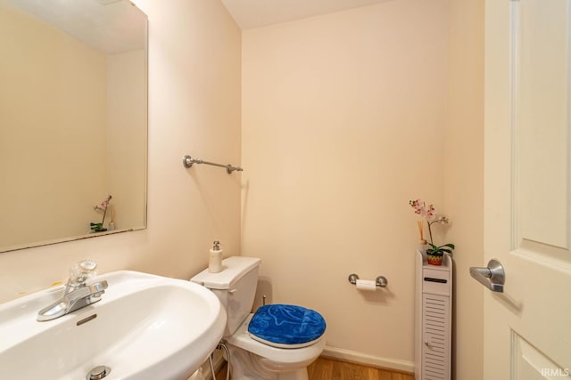 bathroom with a sink, toilet, and wood finished floors