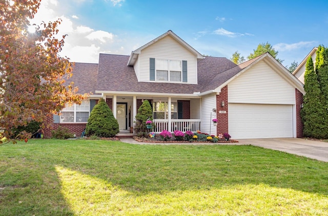 view of front of property featuring a porch, roof with shingles, brick siding, concrete driveway, and an attached garage