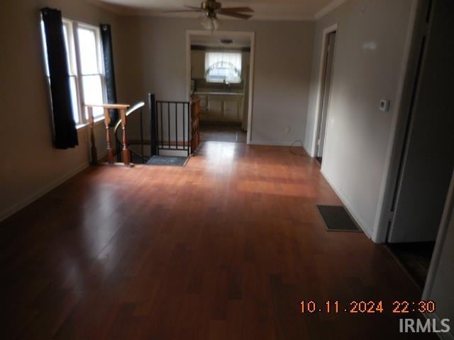 empty room with ceiling fan and dark hardwood / wood-style flooring