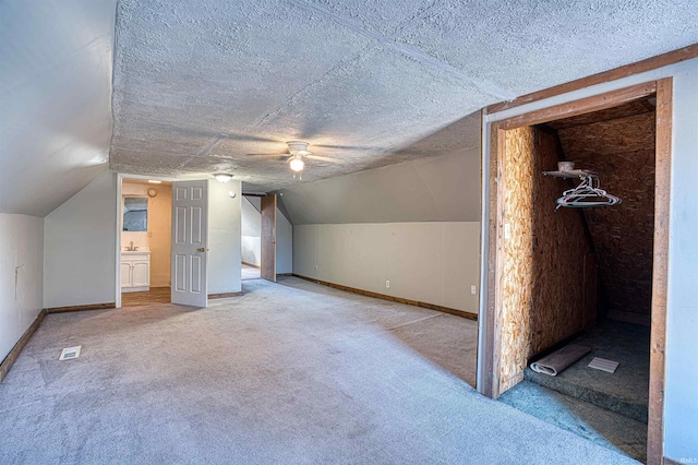 additional living space featuring vaulted ceiling, carpet, and a textured ceiling