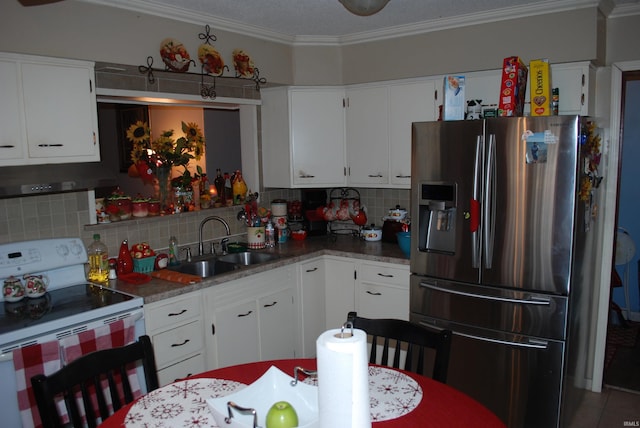 kitchen with white cabinetry, electric stove, sink, and stainless steel fridge with ice dispenser