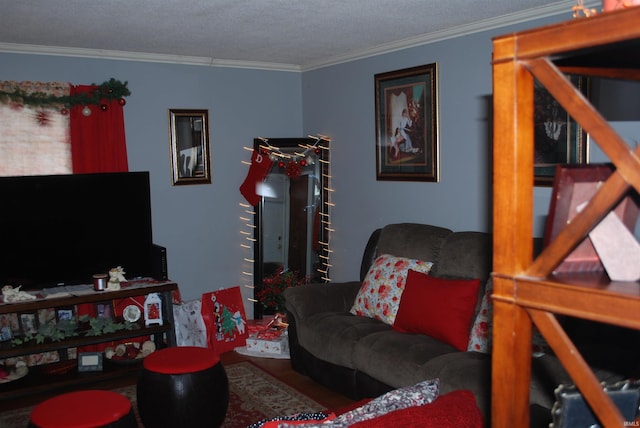 living room with ornamental molding and a textured ceiling