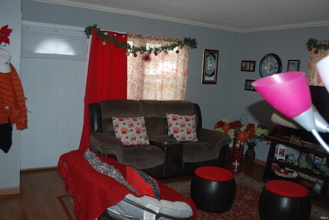 living room with crown molding and hardwood / wood-style floors