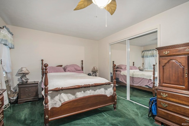 carpeted bedroom featuring a closet and ceiling fan