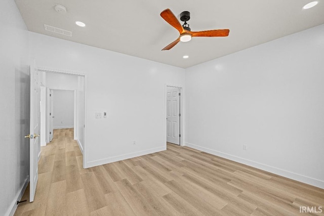 unfurnished bedroom featuring light hardwood / wood-style floors and ceiling fan