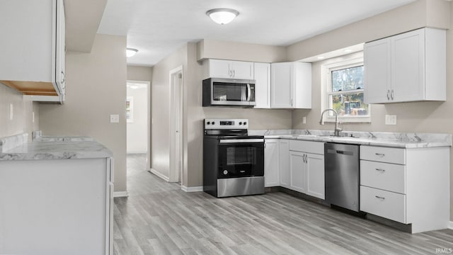 kitchen with sink, appliances with stainless steel finishes, white cabinetry, and light hardwood / wood-style floors