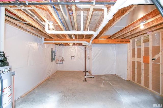 basement with water heater and electric panel