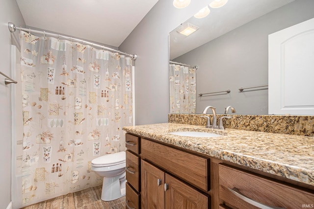 bathroom with vanity, toilet, hardwood / wood-style flooring, and a shower with curtain