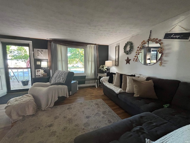 living room featuring ornamental molding, hardwood / wood-style floors, a textured ceiling, and plenty of natural light