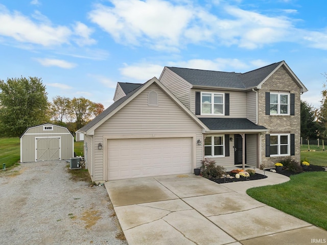 view of front of property featuring cooling unit and a front lawn