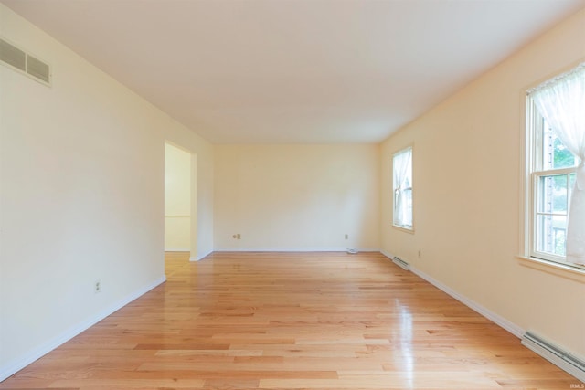 spare room featuring light hardwood / wood-style flooring and a baseboard radiator