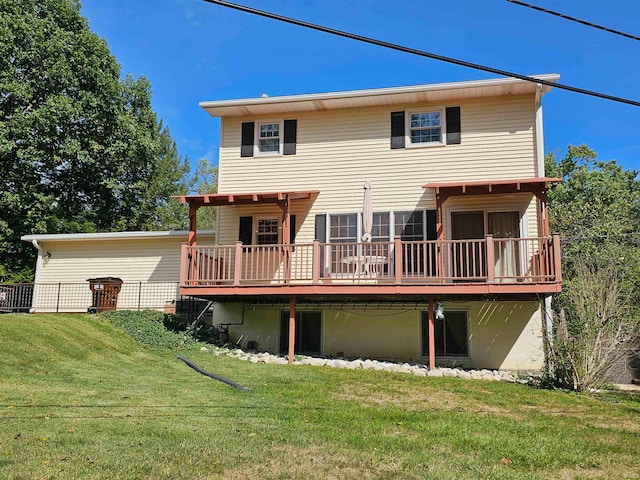 back of property featuring a wooden deck and a lawn