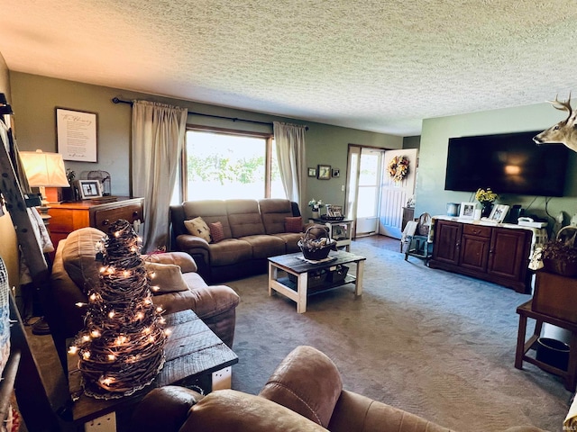 carpeted living room featuring a textured ceiling