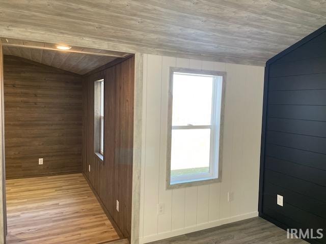 bonus room featuring lofted ceiling, wooden walls, and hardwood / wood-style flooring